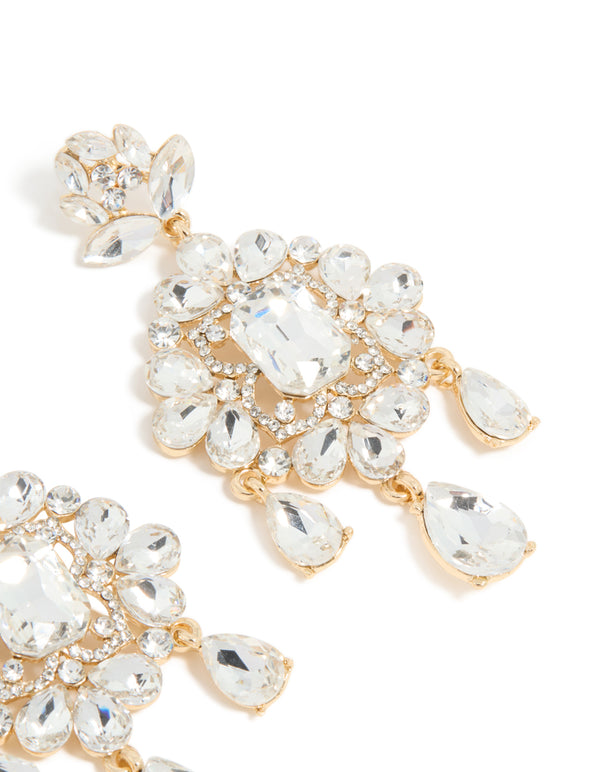 Gold Clear Diamante Square Drop Earrings