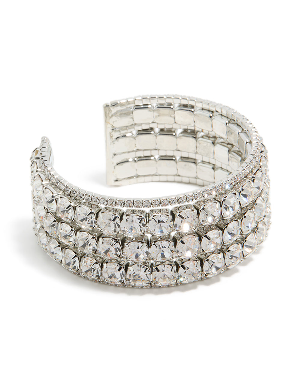 Crafted with radiant diamantes, this large silver wrist cuff features statement bangle design in front view