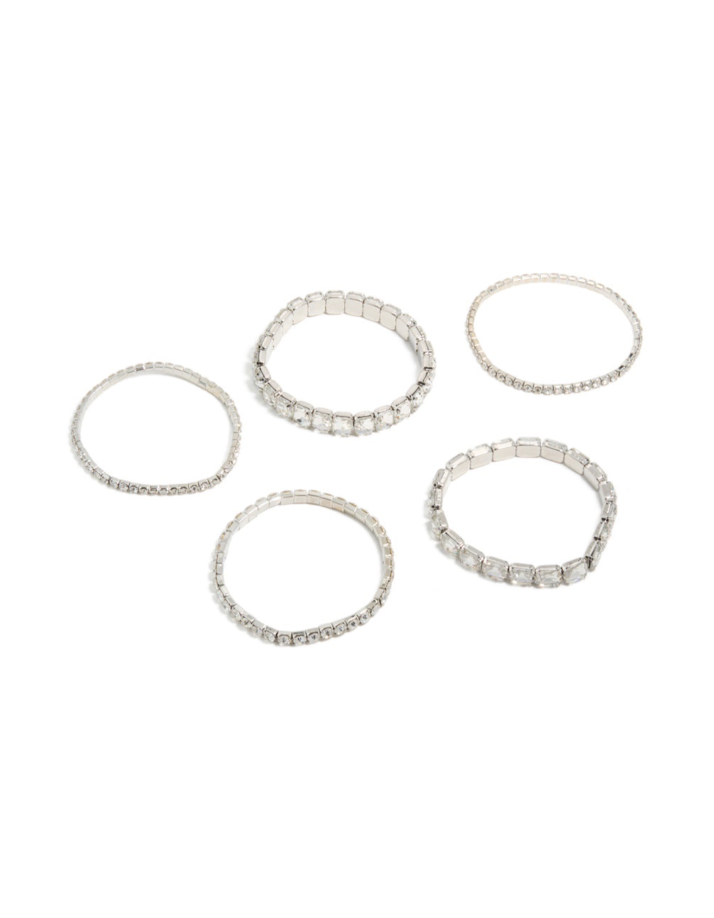 Showcasing silver shimmer diamante stretch bracelets in a 5-pack front view