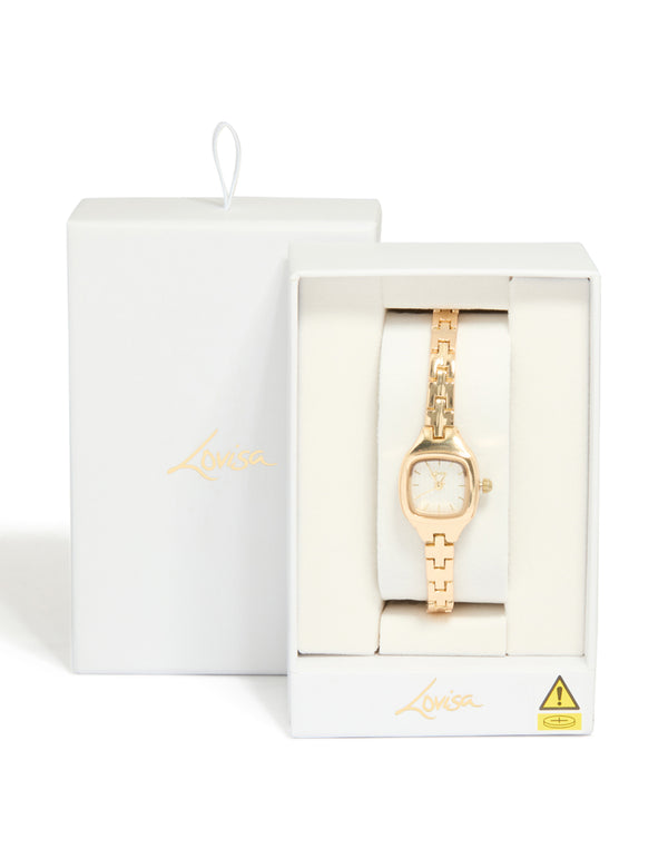 Crafted with vintage mini square dial, this women's analog watch features white face, link band in casual style case detail view