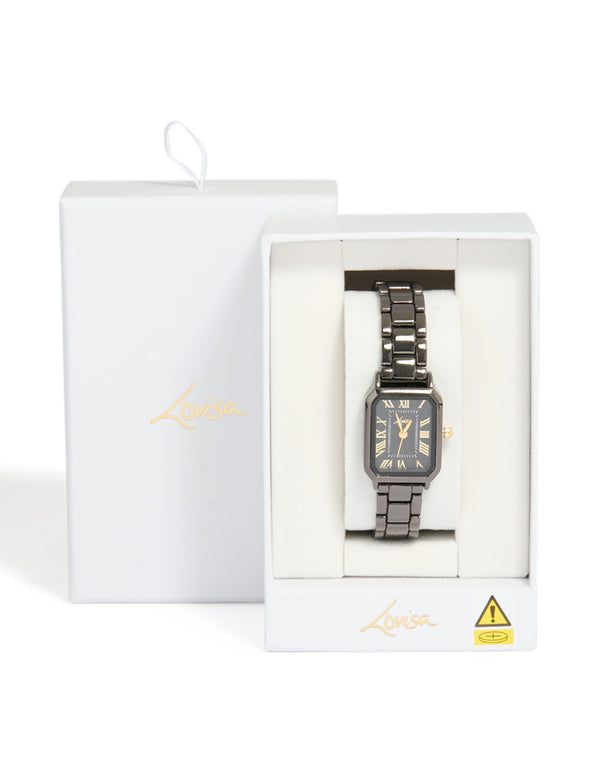 Black Coated Metal Rectangle Roman Numeral Watch