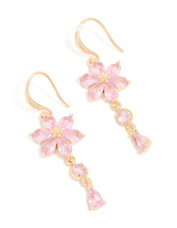 Featuring gold pink cubic zirconia flower hook earrings front view