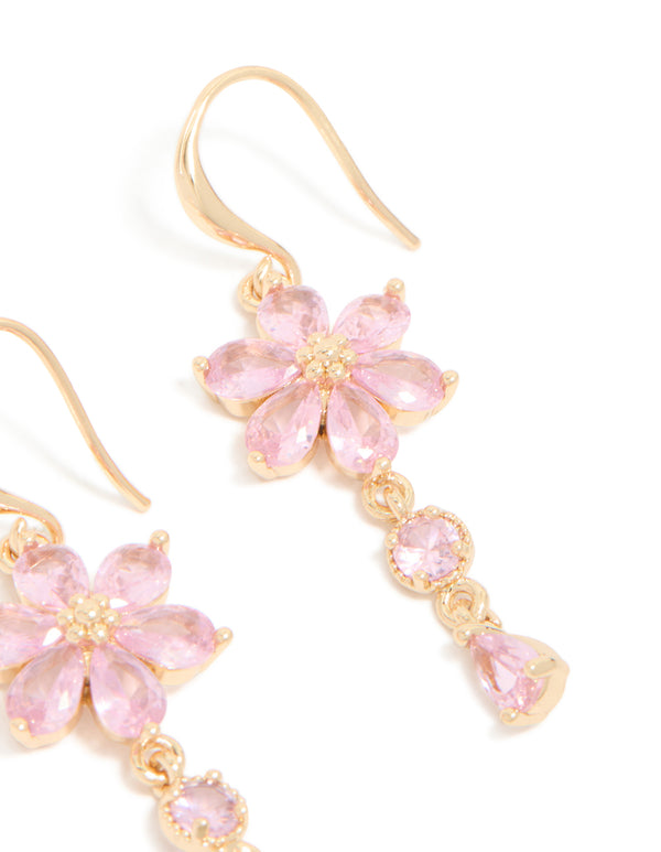 Displaying gold pink cubic zirconia flower hook earrings post detail view
