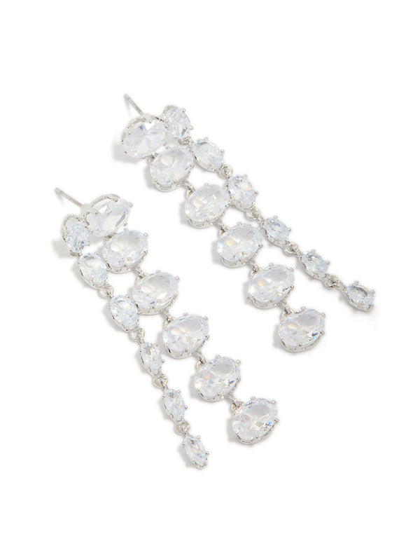 Elegant silver cubic zirconia oval layered drop earrings in light cyan front view