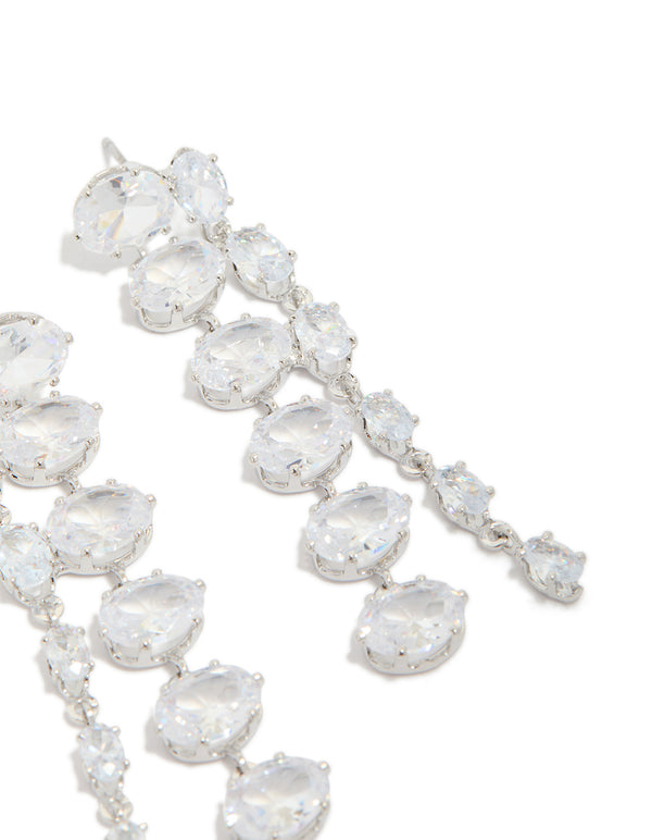 Stunning silver cubic zirconia oval layered drop earrings in light cyan post detail view