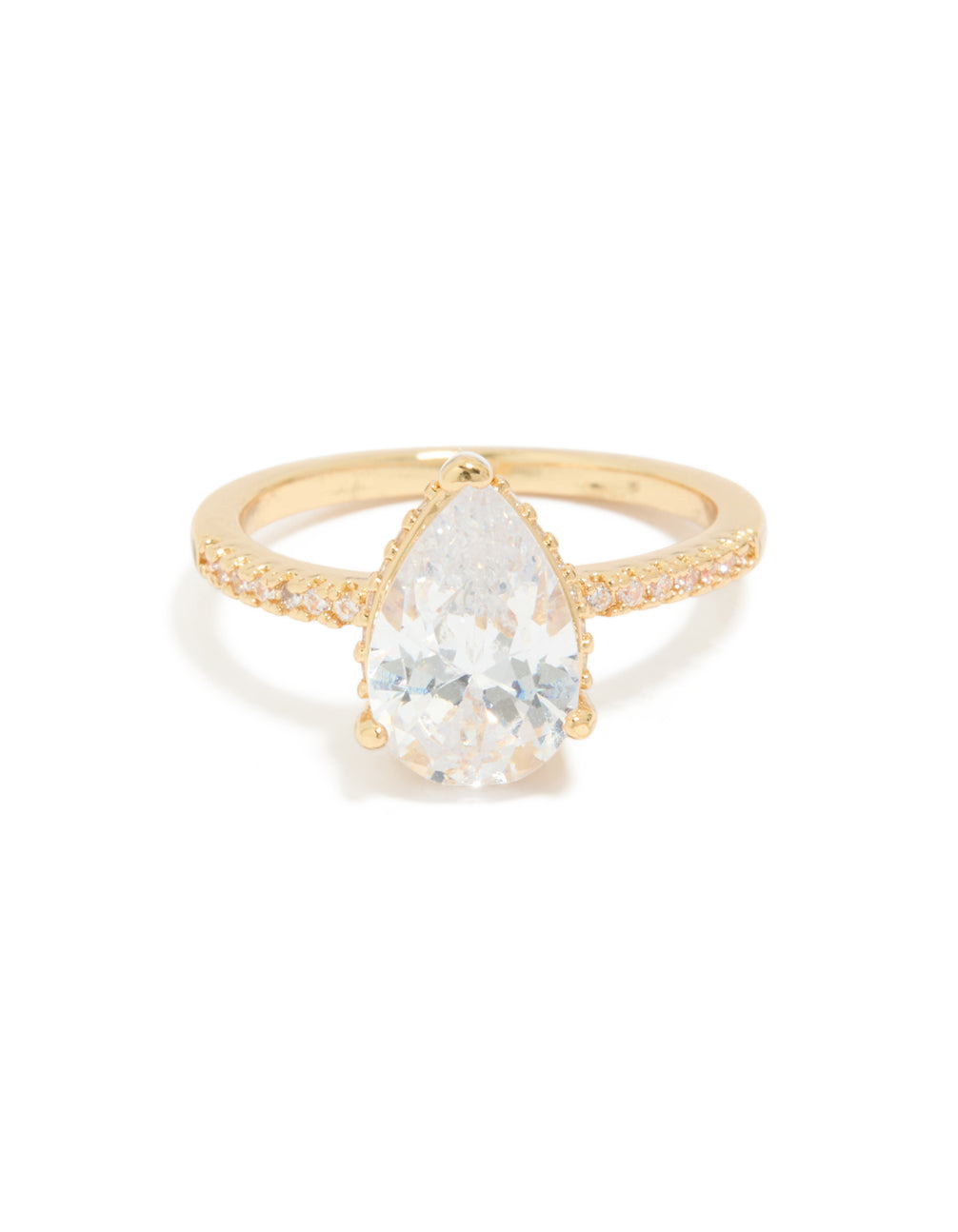 Designed with gold plated solitaire pear cubic zirconia textured ring featuring crystal and statement style front view