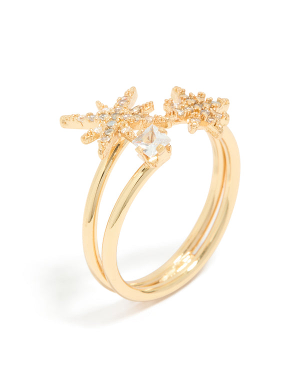 Featuring celestial star diamante layered ring with gold plated finish and statement details side detail view