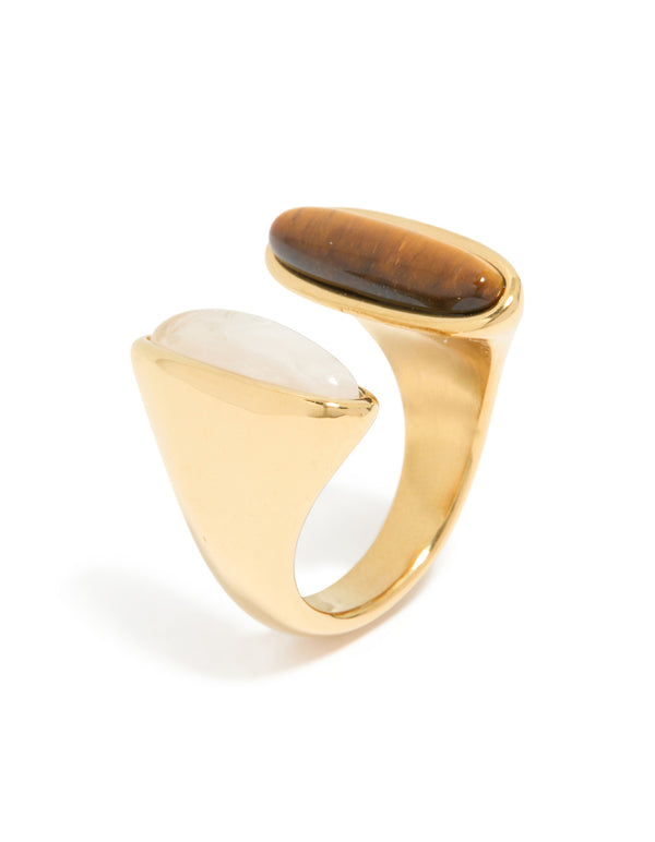 Elegant waterproof gold plated stainless steel open double stone ring featuring brown and ivory cabochons front view