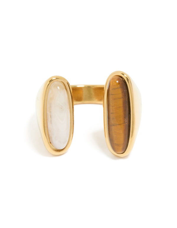 Beautiful waterproof gold plated stainless steel open double stone ring with brown and ivory settings side detail view
