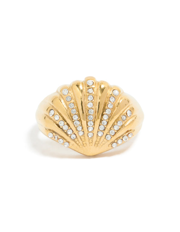 Introducing a waterproof gold plated stainless steel shell large ring with ocean-inspired in chunky style and white accents front view