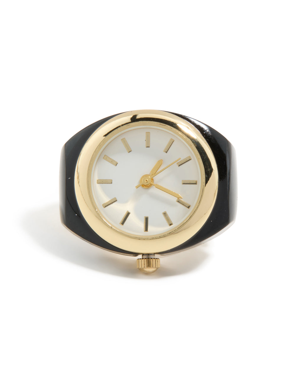 Featuring a gold and black steel watch ring with white dial, round shape, analog movement for women's casual occasions in statement style watch face detail view
