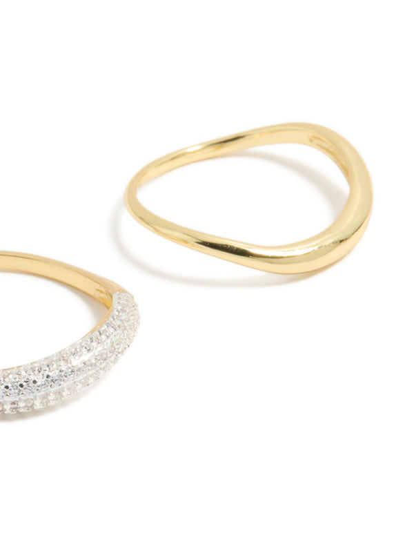 Gold Plated Simple & Wavy Cubic Zirconia Stacking Rings 2-Pack