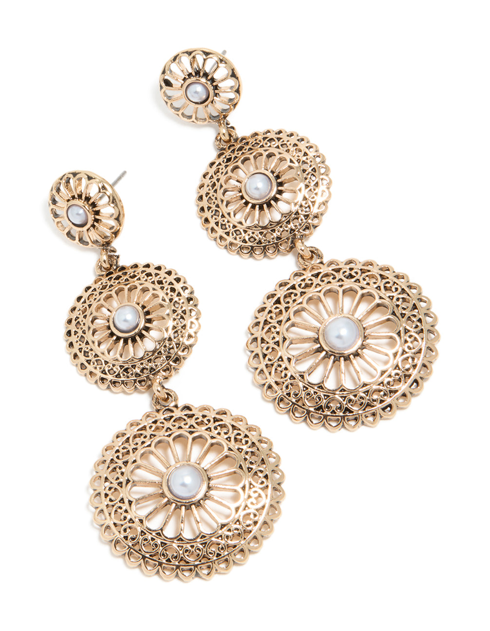 Featuring antique gold graduating disc and pearl drop earrings with statement style front view