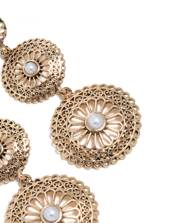 Antique Gold Graduating Disc & Pearl Drop Earrings
