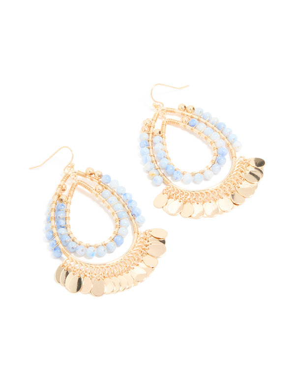 Blue Beaded & Gold Disc Layered Teardrop Earrings