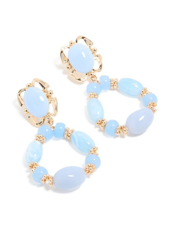 Gold Light Blue Beaded Oval Drop Earrings