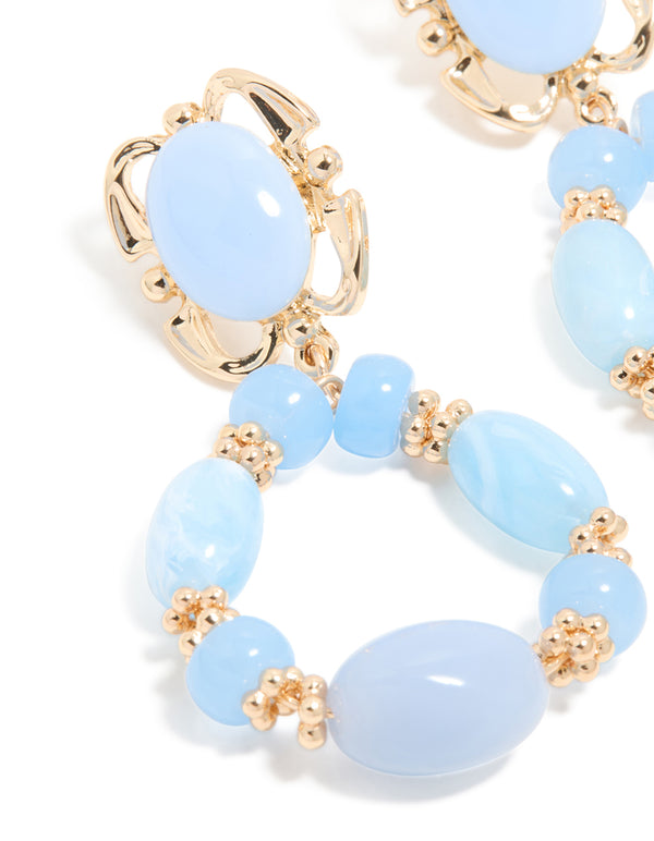 Gold Light Blue Beaded Oval Drop Earrings