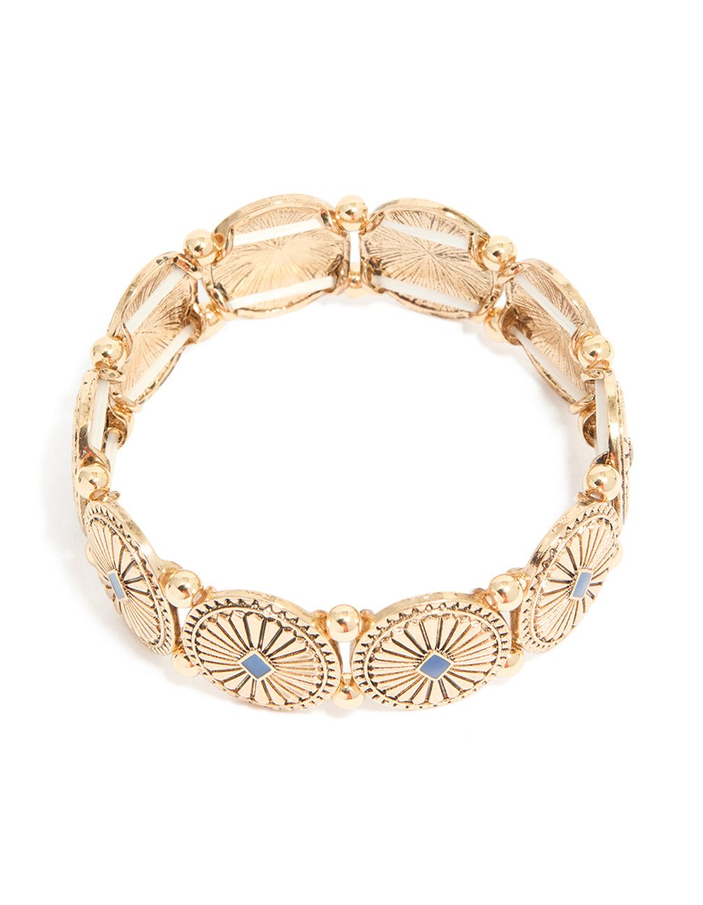Discover an antique gold blue oval disc boho stretch bracelet featuring light sky blue stone insets front view