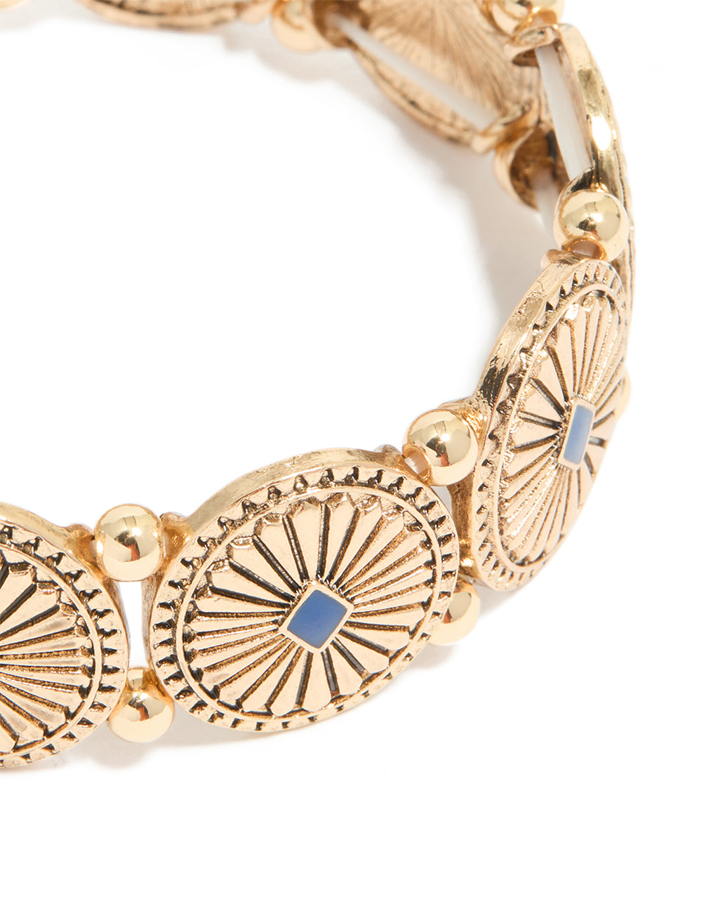 Explore an antique gold blue oval disc boho stretch bracelet highlighting texture light sky blue stone settings close up view