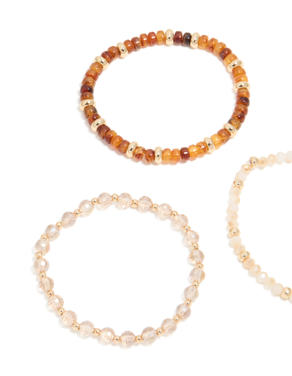 Featuring clear and brown beaded stretch bracelets in a 3-pack with gold accents close up view
