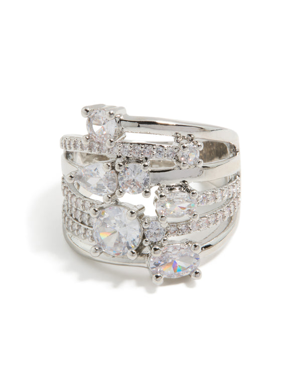 Crafted with silver multi cubic zirconia in a layered wrap ring design highlighting band structure front detail view