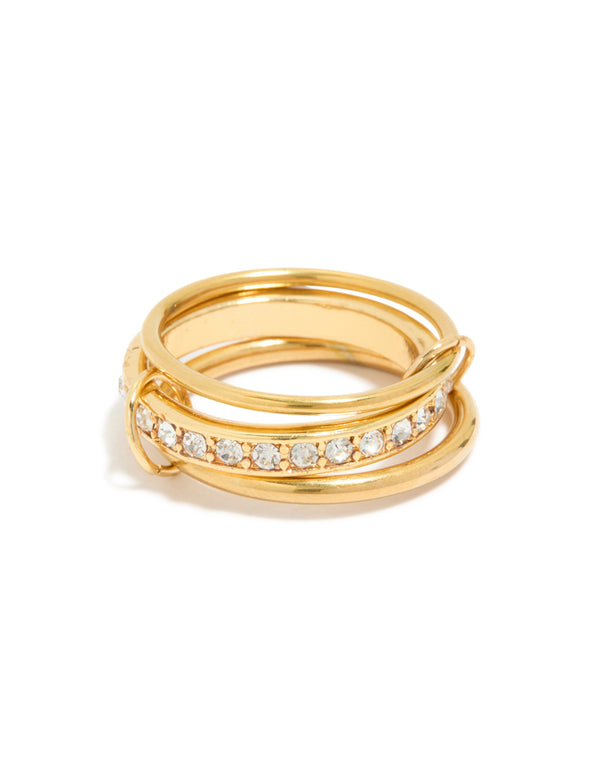 Elegant waterproof statement ring in gold plated stainless steel featuring cubic zirconia crystals front view