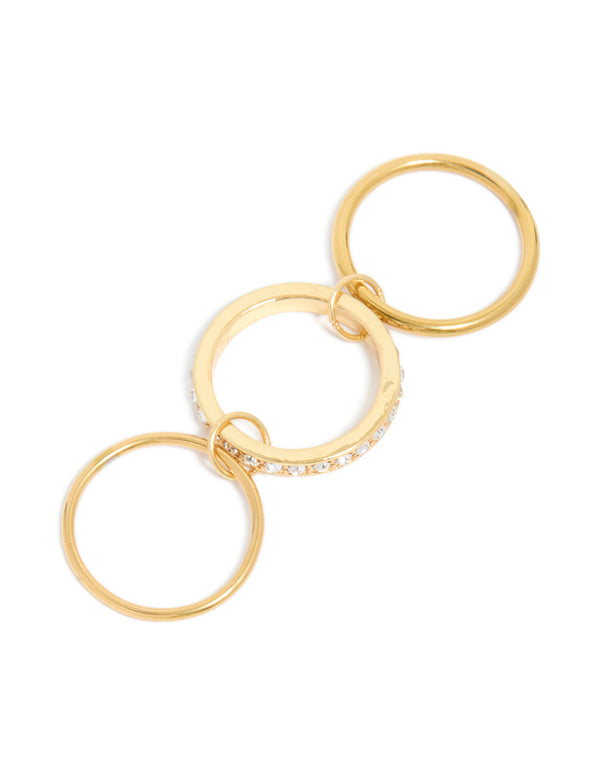 Featuring waterproof gold plated stainless steel with cubic zirconia crystals statement mini loop stacking rings close up view