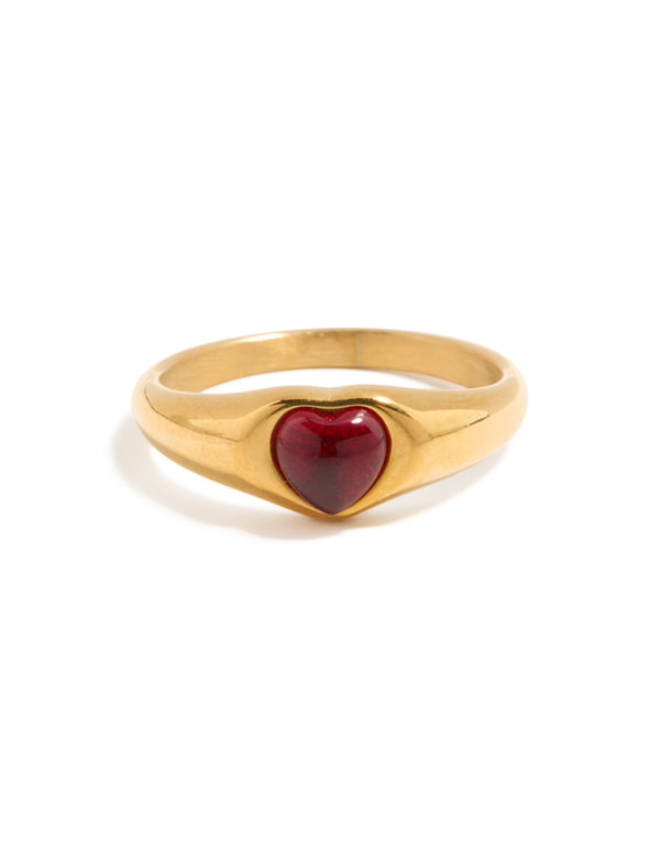 Elegant waterproof gold plated stainless steel petite heart ring in crimson front view
