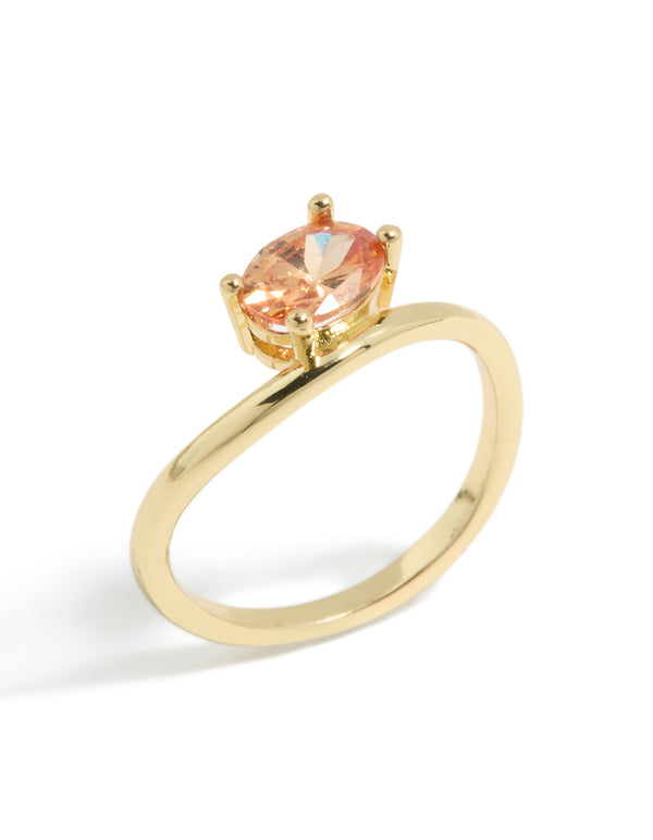 Beautifully designed gold plated peach cubic zirconia ring with solitaire cut front view