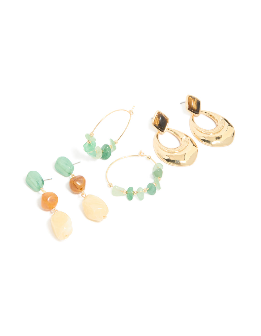 Showcasing gold and green acrylic drop and hoop earrings in a 3-pack featuring beads in a front view