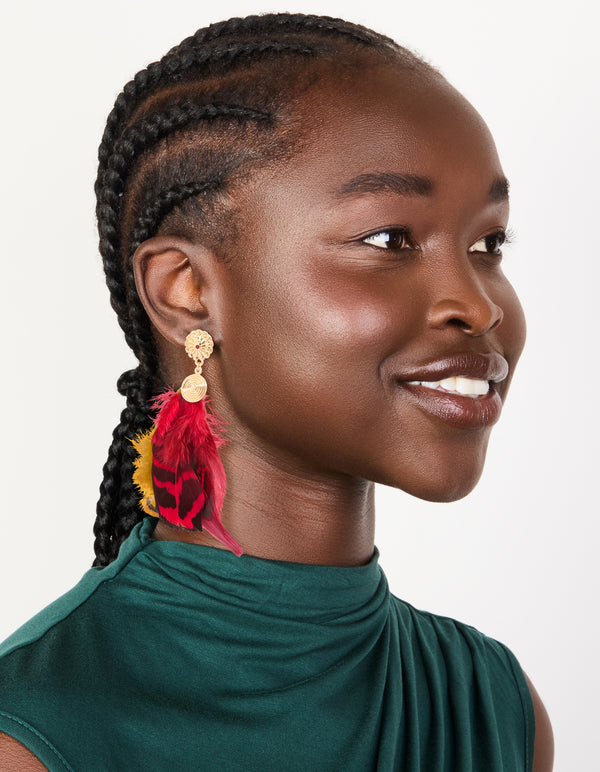 Gold Hot Pink & Yellow Feather Drop Earrings