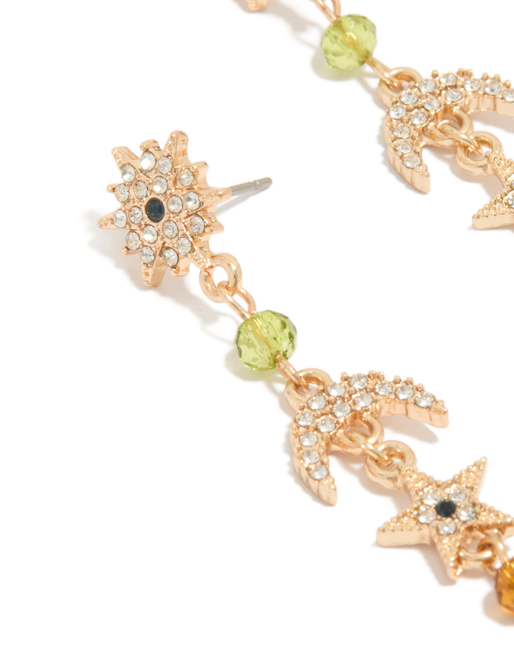 Beautifully crafted statement gold beaded and diamante celestial drop earrings with charm accents and evil-eye motifs close up view