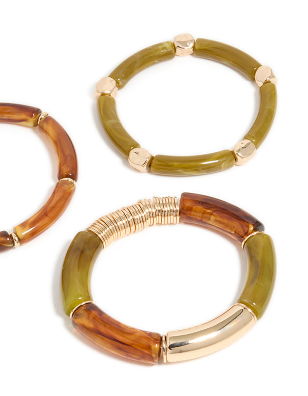 Gold Brown & Green Resin Stretch Bracelets 3-Pack