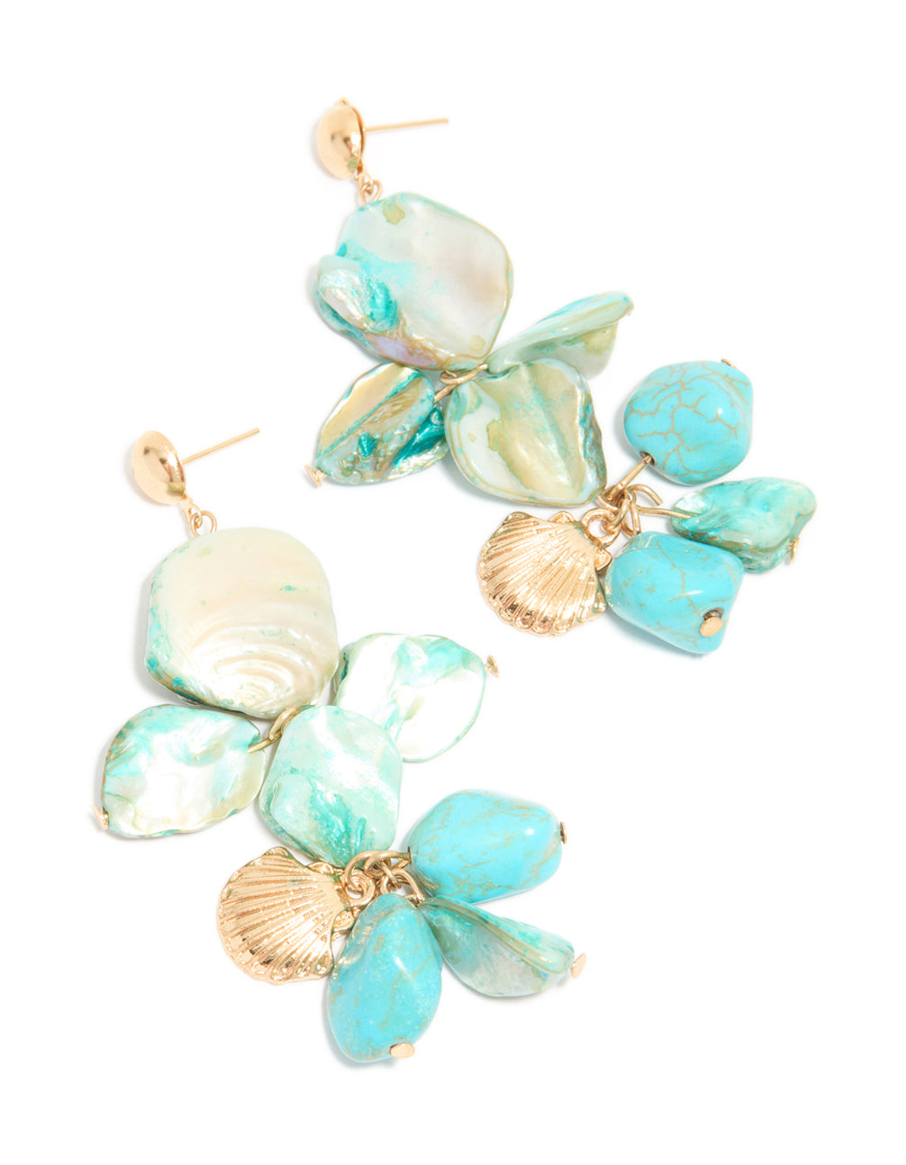 Elegant gold blue genuine shell disc layered drop earrings with ocean charm details in turquoise front view