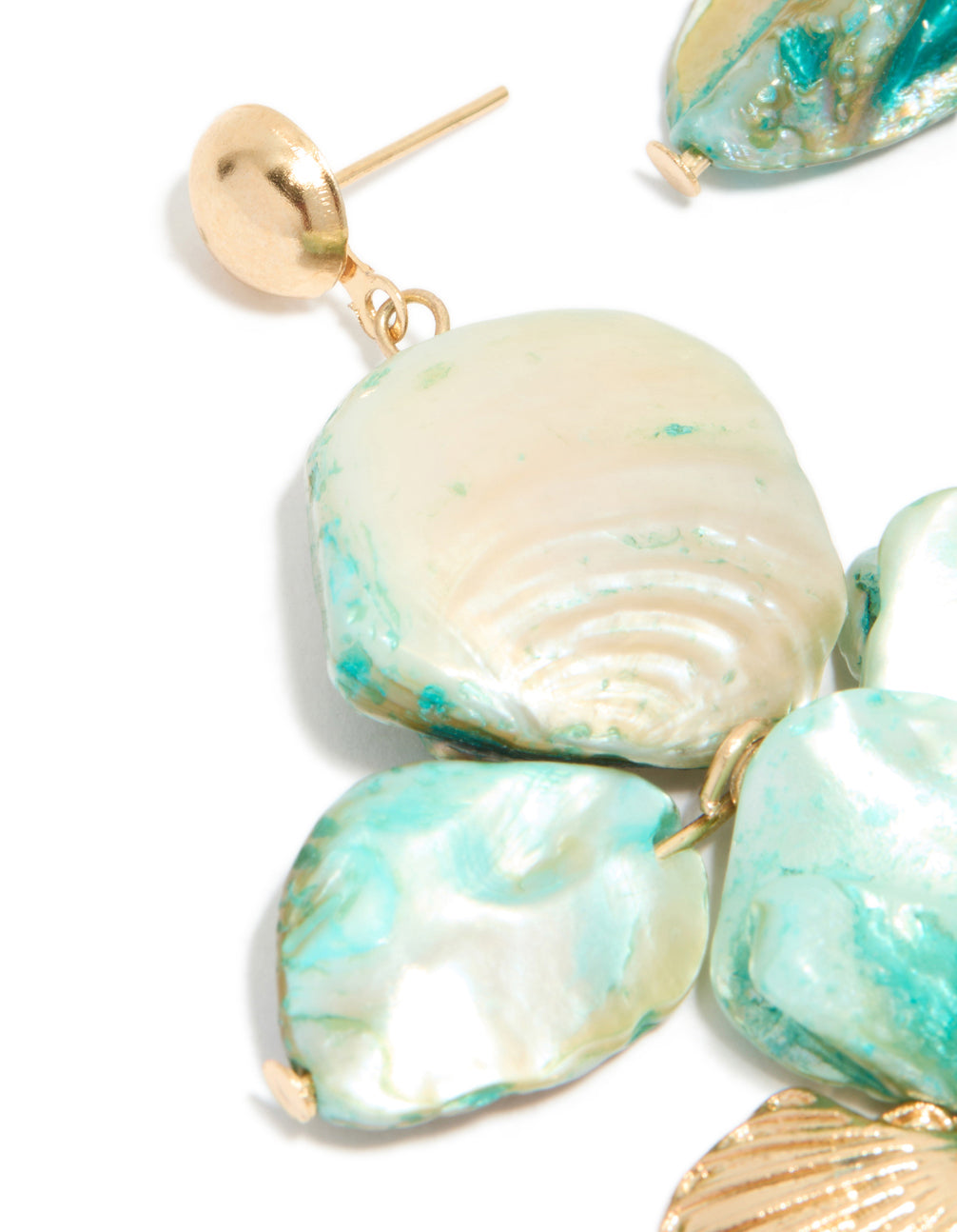 Elegant statement layered drop earrings featuring genuine shell disc and ocean charm with turquoise accents in gold close up view