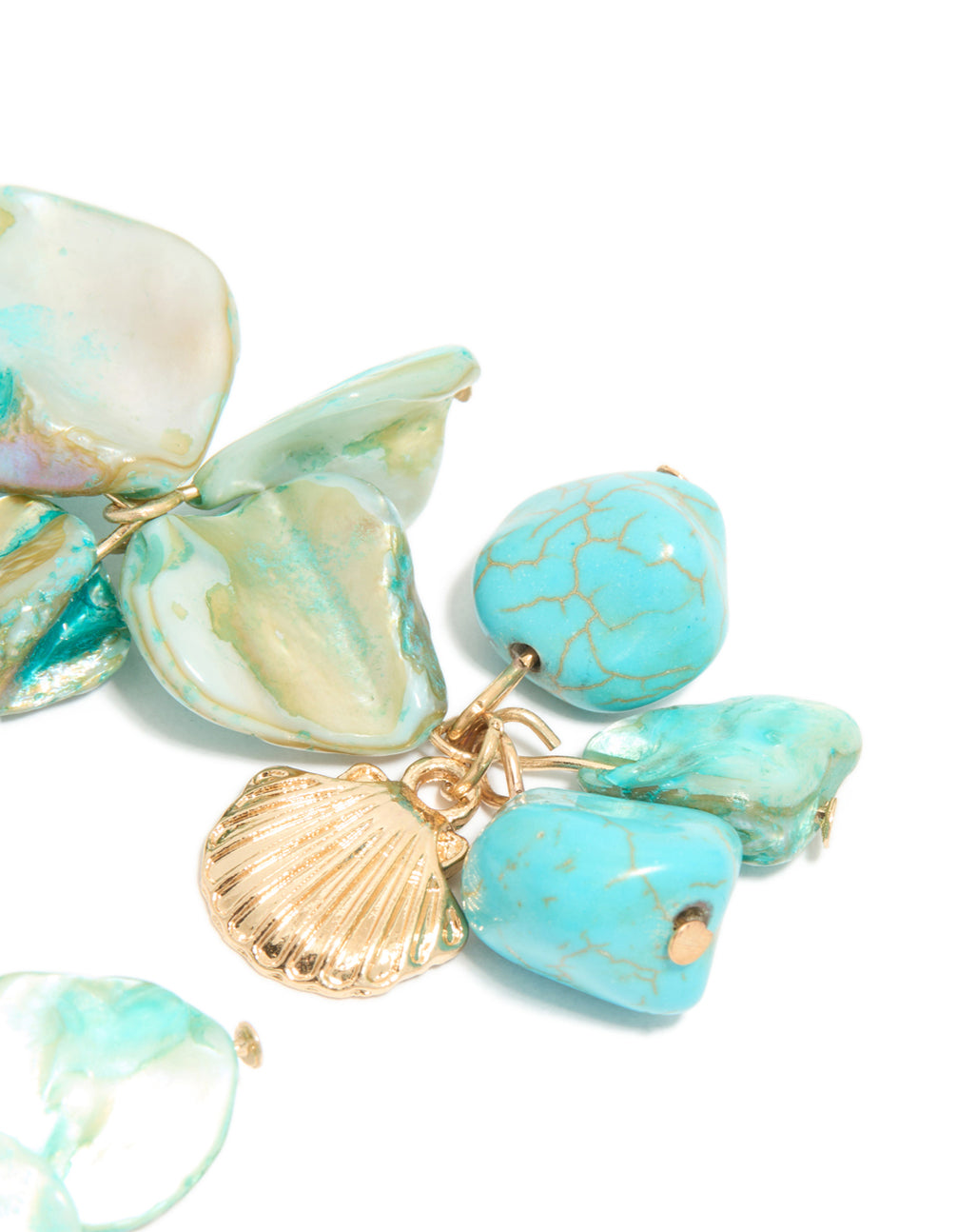 Explore the layered design of genuine shell disc drop earrings with ocean charm details in turquoise and gold post detail view