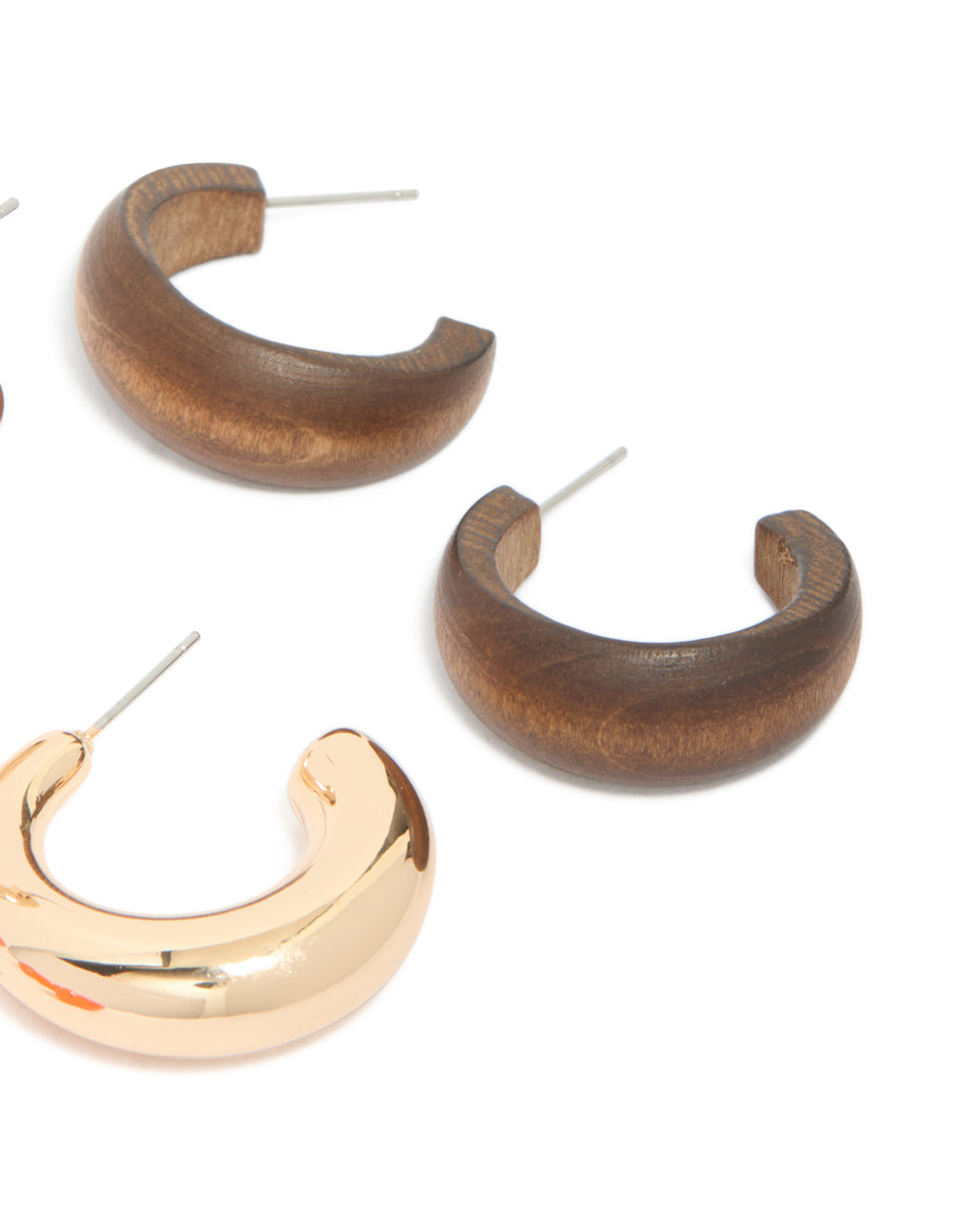 Showcasing gold ,orange and brown acrylic and wood hoop earrings in a 3-pack with a post detail view