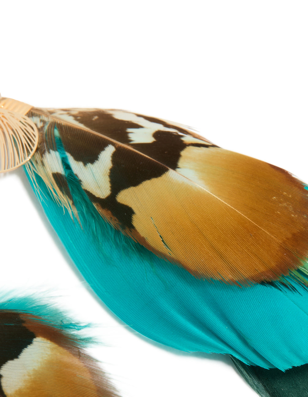 Designed with statement feather, these drop earrings in gold, turquoise, and brown post detail view
