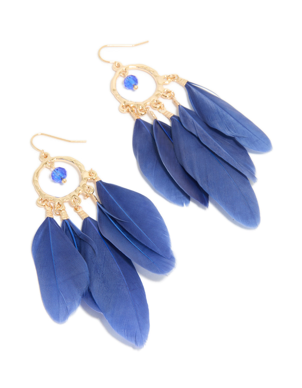 Gold Dark Blue Feather Dreamcatcher Earrings