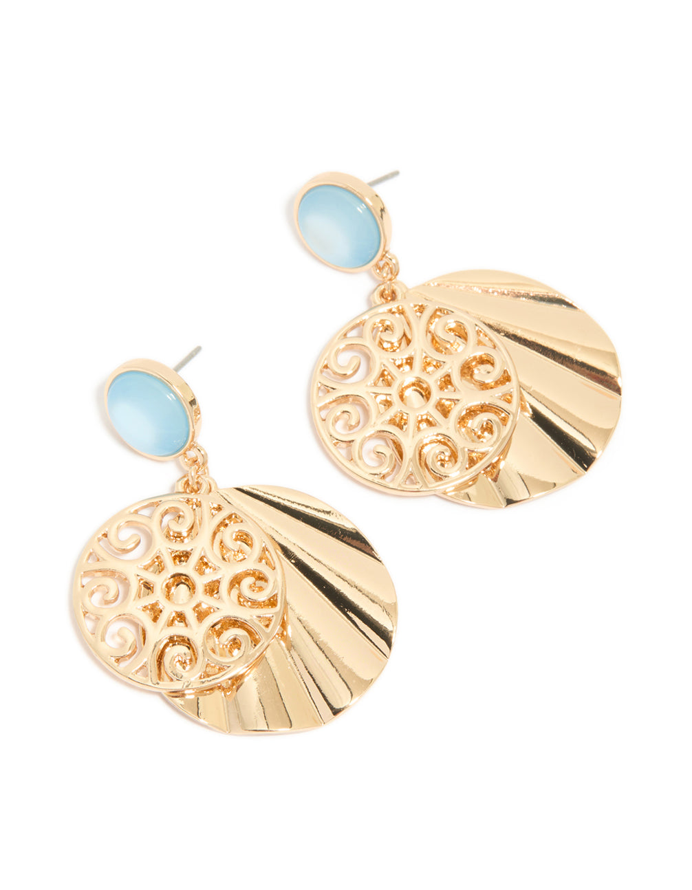 Gold Blue Circle & Swirl Drop Earrings