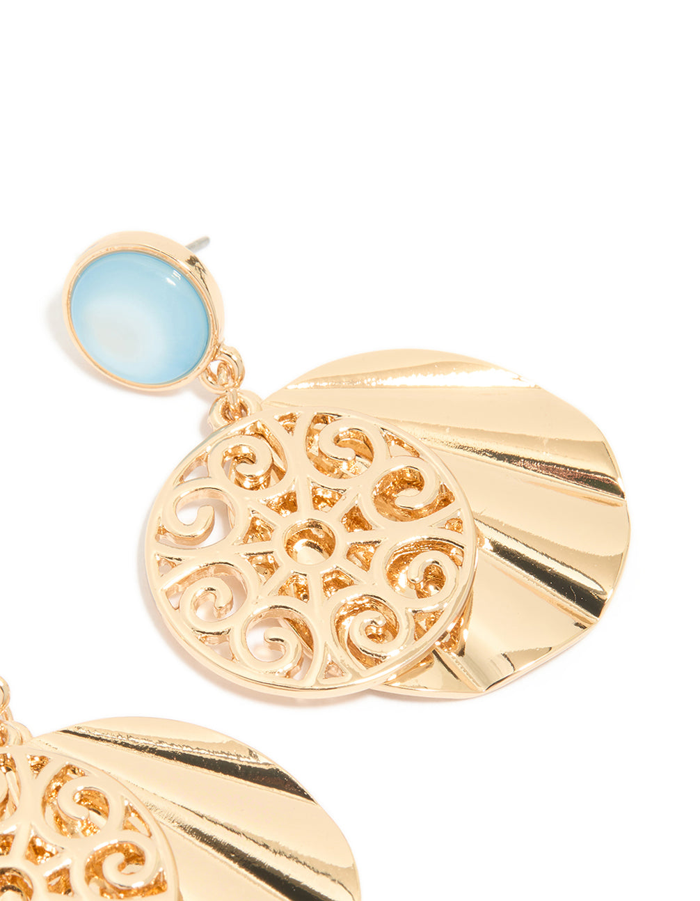 Gold Blue Circle & Swirl Drop Earrings