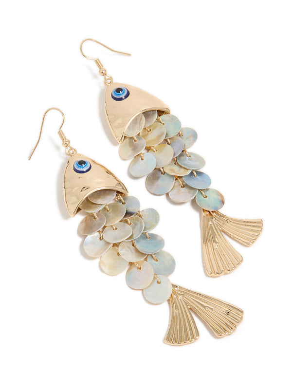 Gold Evil Eye Fish Drop Earrings