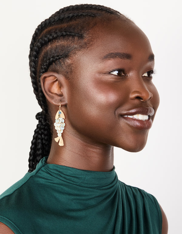 Gold Evil Eye Fish Drop Earrings