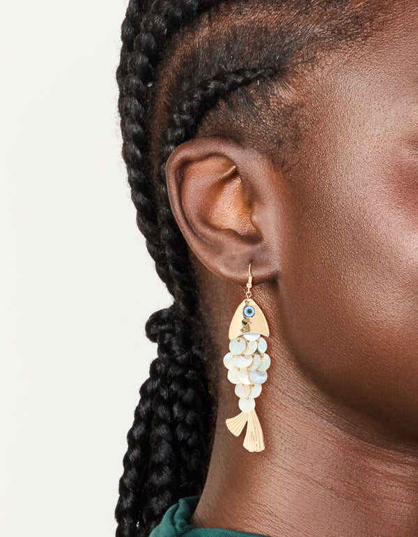 Gold Evil Eye Fish Drop Earrings