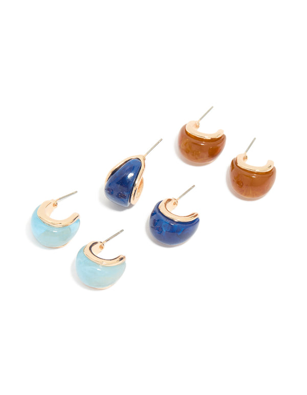 Gold Blue & Brown Enamel Bubble Hoop Earrings 3-Pack