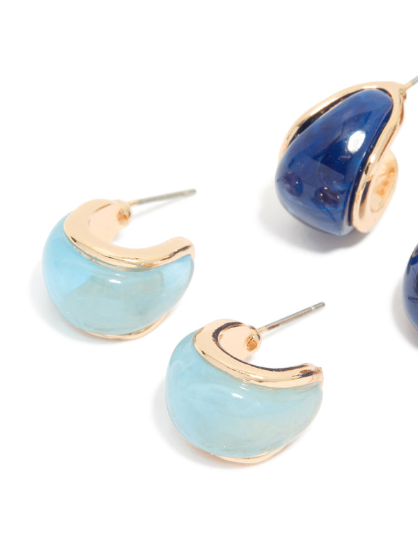 Gold Blue & Brown Enamel Bubble Hoop Earrings 3-Pack