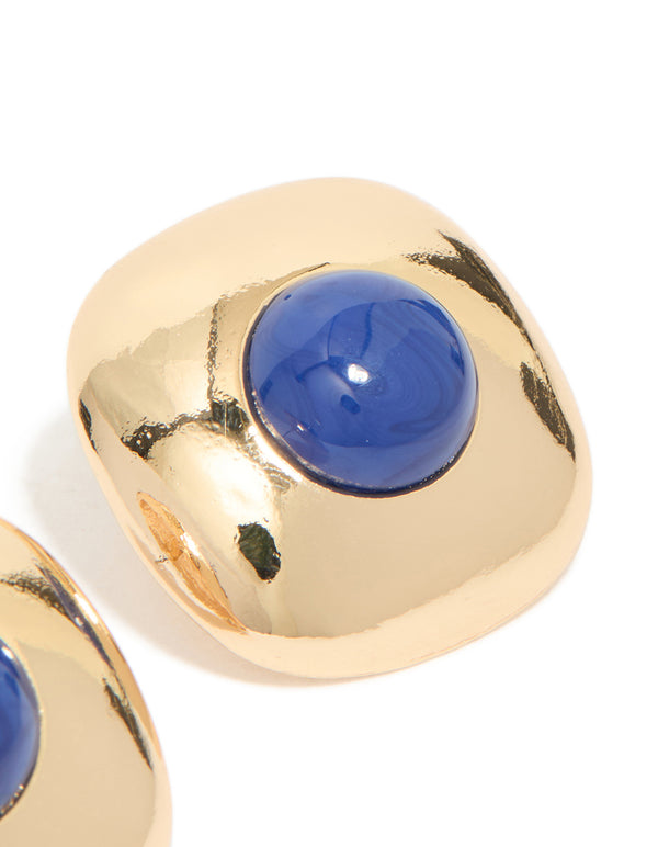 Gold Dark Blue Acrylic Medallion Stud Earrings