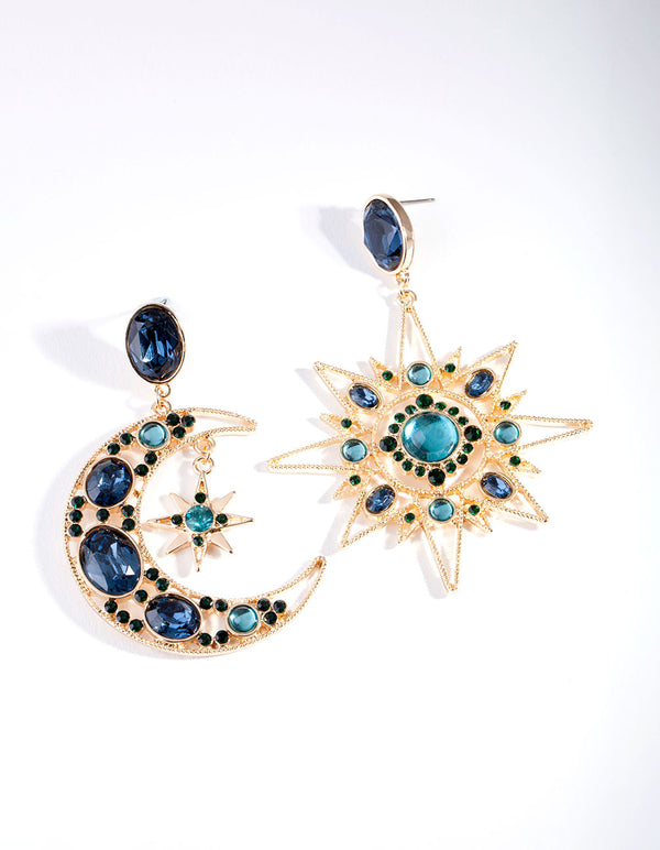 Gold Blue Statement Celestial Earrings