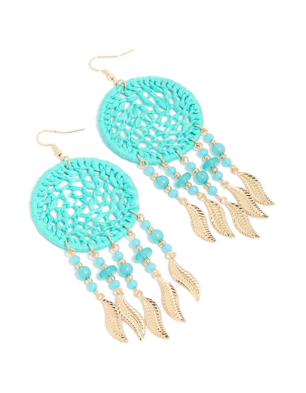 Showcasing statement dreamcatcher drop earrings in light blue fabric featuring charm, beads and feathers in turquoise, aqua, and gold tones front view
