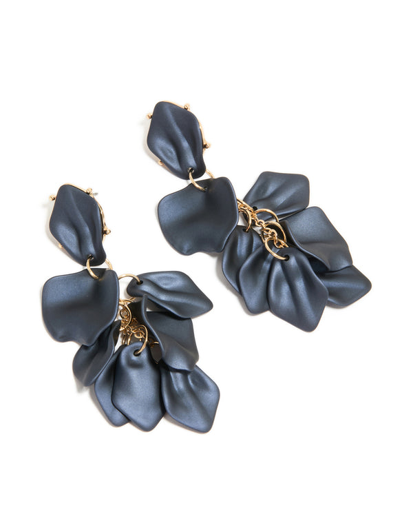 Navy Blue Coated Metal Flower Petal Drop Earrings